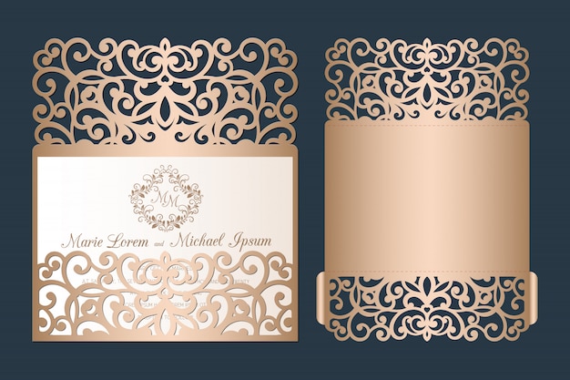 Laser cut wedding invitation template  . wedding openwork pocket envelope with abstract cutting ornament.