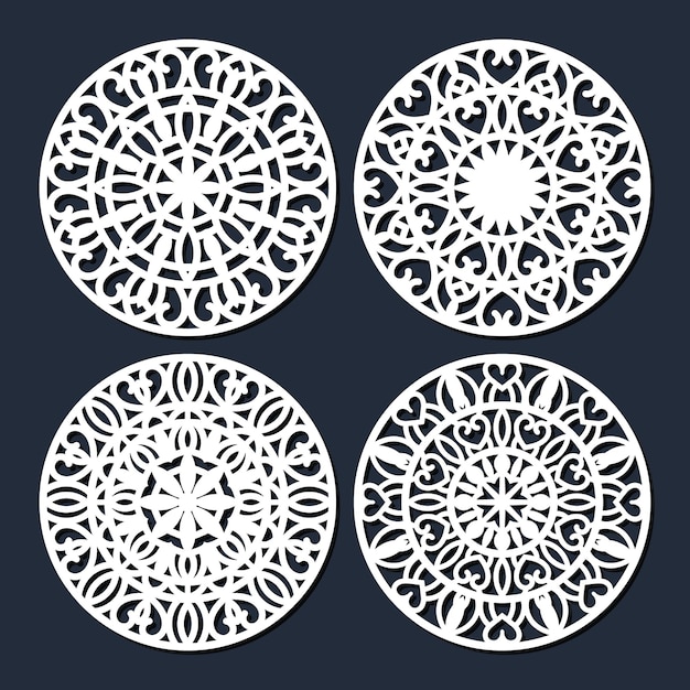 Set di sottobicchieri in legno tagliato al laser. disegni di mandala decorativi geometrici.