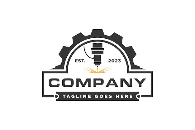 Laser cutting logo emblem with gear icon vector silhouette Cnc machine logo vector isolated
