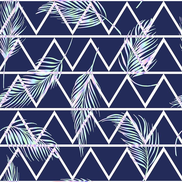 Лазерная пальма оставляет тропический вектор бесшовный узор на абстрактном геометрическом треугольном фоне