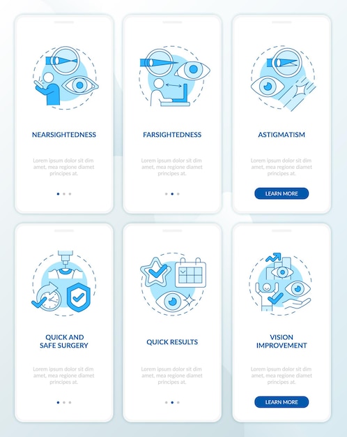 Laser surgery blue onboarding mobile app page screen set. operation walkthrough 6 steps graphic instructions with concepts. ui, ux, gui vector template with linear color illustrations
