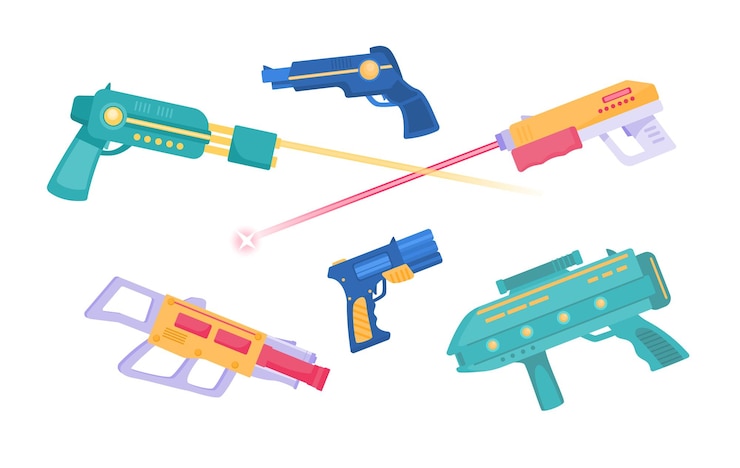 Vector 레이저 태그 총 세트 가상 촬영 및 조준을 위한 장비 엔터테인먼트 및 재미 레이저가 있는 권총과 산탄총 흰색 배경에 격리된 만화 플랫 벡터 컬렉션