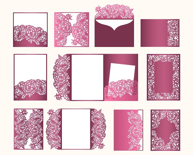 Lasergesneden bruiloft uitnodiging enveloppen sjabloon set met uitgesneden patroon van Peony bloem vector
