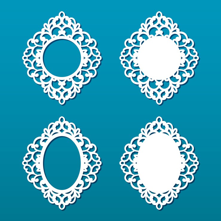 Lasergesneden frame-collectie. Set van abstracte ovale en ronde frames met swirls, ornament, vintage frame. Kan worden gebruikt voor lasersnijden. Fotolijsten met kant voor het snijden van papier.