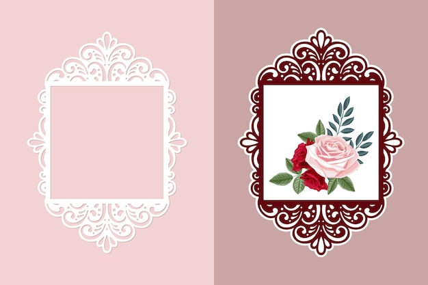 Lasergesneden kant vierkante frame sjabloon Vintage achtergrond met roze bloemen in een opengewerkte frame vector