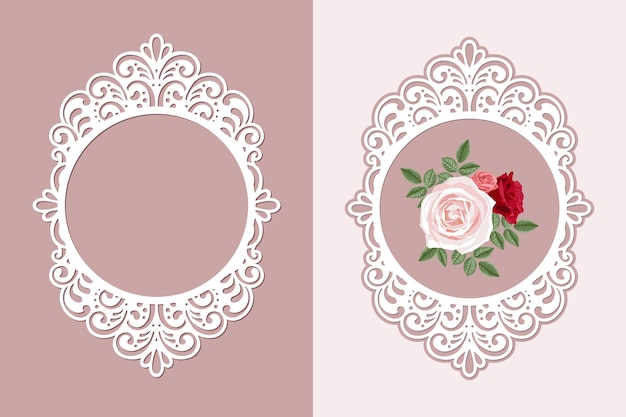 Lasergesneden ovale framesjabloon met kant Vintage achtergrond met roze bloem in een opengewerkte framevector