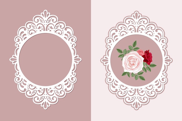 Lasergesneden ovale framesjabloon met kant vintage achtergrond met roze bloem in een opengewerkte framevector