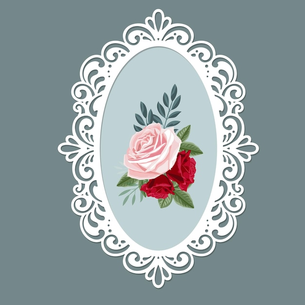 Lasergesneden ovale opengewerkte frame sjabloon Vintage achtergrond met roze bloemen vector