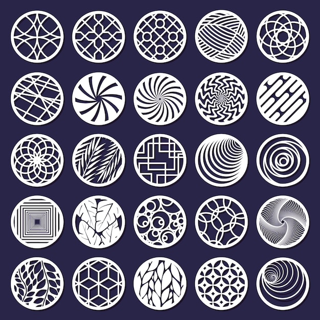 Lasergesneden rond abstract decoratief patroon. Abstracte decoratieve cirkel snijden panelen geïsoleerde vector illustratie set. Ronde geometrische patroonpanelen. Ronde decoratie en decoratief ornament