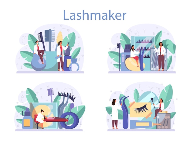 lashmaker concept set. beauty center procedure. female character putting fake eyelashes in salon.
