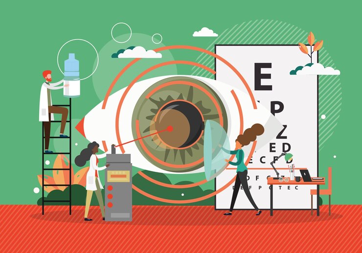 Vector lasik operation concept vector illustration. eye surgery with laser equipment. ophthalmology doctor check eye in hospital. eye treatment technology