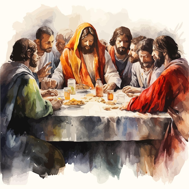 Vettore ultima cena di gesù e dei suoi apostoli acquerello disegno di illustrazione vettoriale