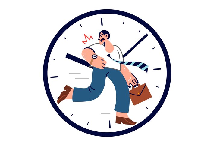 Vector late business man runs to work trying meet deadlines located inside large clock
