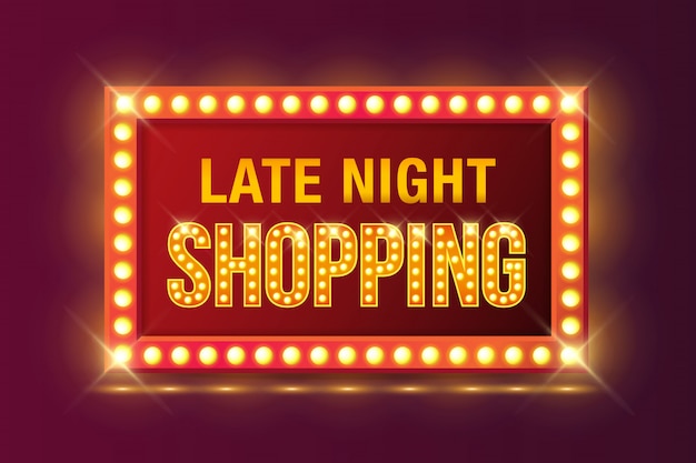 Vector late night shopping sign in retro neon glowing frame