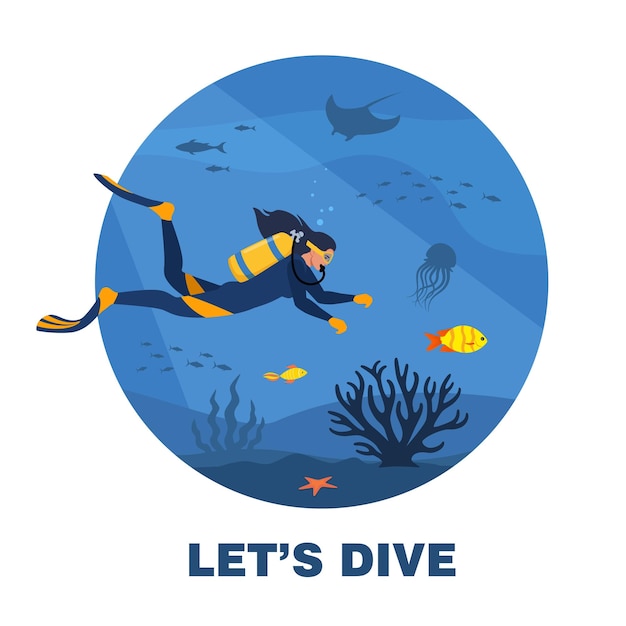 Laten we duiken ronde banner Duiker met duikuitrusting zwemt in de zee Onderwaterwereld