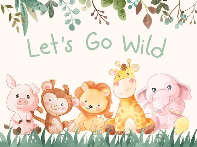 laten we een wilde slogan gaan met cartoonillustratie van wilde dieren