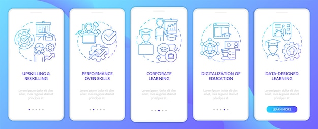 Ultime abilità nello sviluppo dello schermo dell'app mobile onboarding gradiente blu