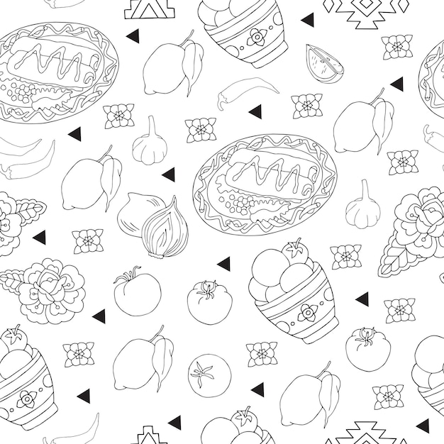 Latijns-Amerikaans eten lineair zwart-wit hand getekend naadloos patroon