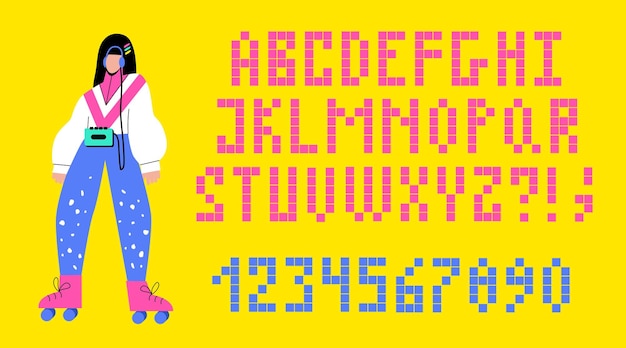 Latin alphabet of the 90s, 80s in retro style. A girl on skates and 8-bit letters. Retro font made o