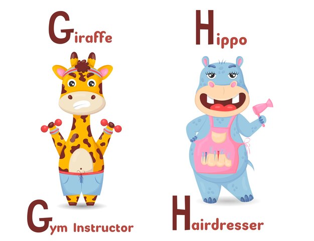 Latin alphabet ABC animal professions starting with letter g giraffe gym and letter h hippo hairdresser instructor in cartoon style