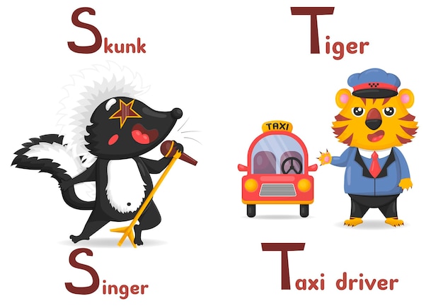 Latin alphabet ABC animal professions starting with letter with s skunk singer and letter t tiger taxi driver in cartoon style