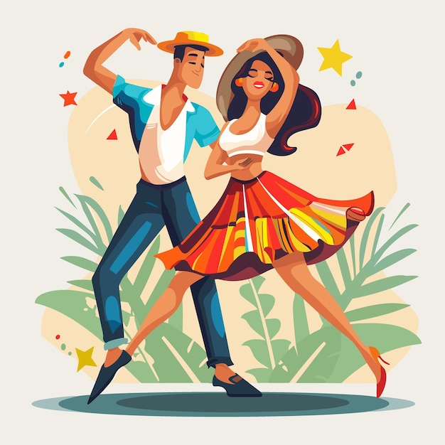 A Latin America man and woman are dancing in a tropical setting