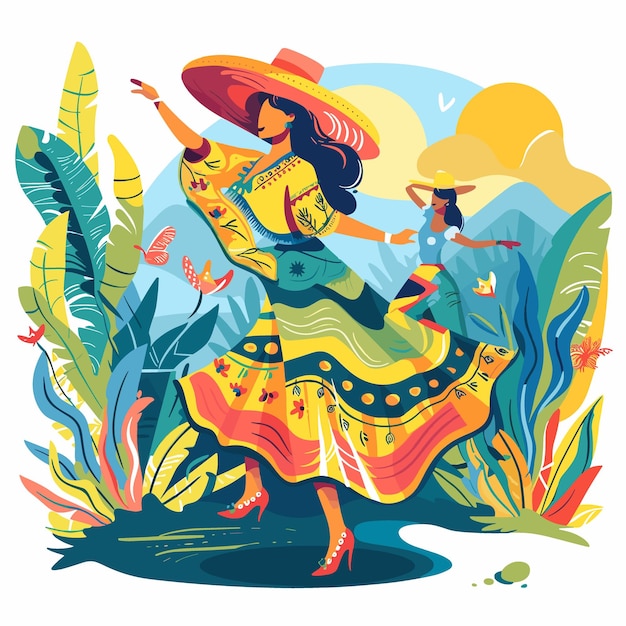 Vector a latin america woman in a colorful dress is dancing in a jungle