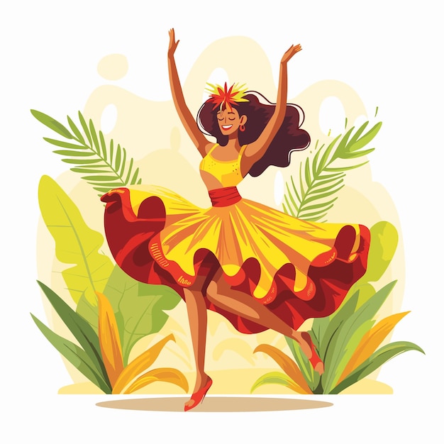 Vector a latin america woman in a yellow dress is dancing in a jungle setting