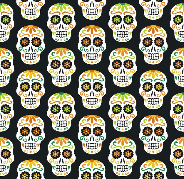 Latin american traditional Day of the Dead background of ethnic ornate sugar skulls