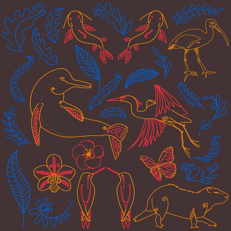 Vector latin american tropical animals decorative engraving shape precolumbian art stylized vector