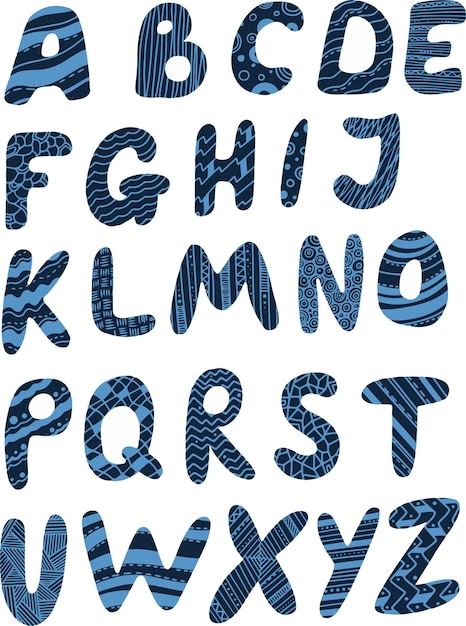 Latin letters alphabet blue with blue ornaments