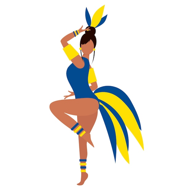 파란색과 노란색의 깃털과 비키니를 입은 카니발 의상을 입은 라틴 여성. 벡터 일러스트