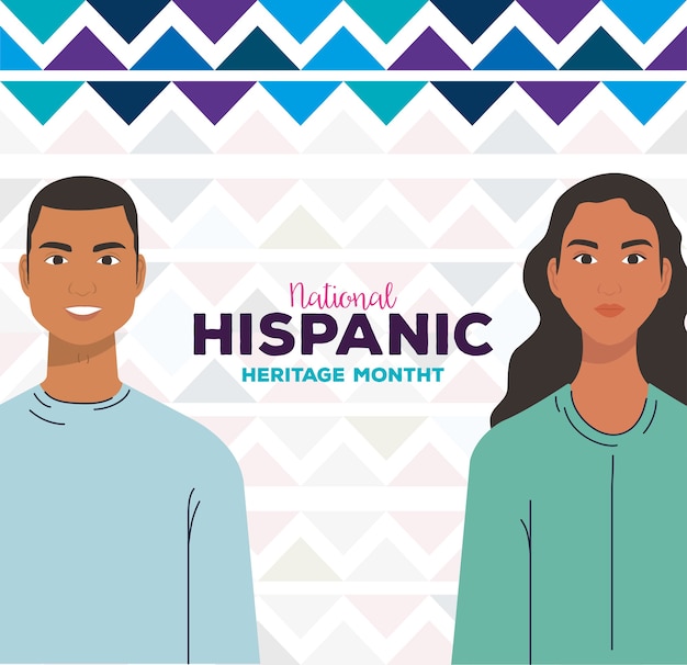 Latin woman and man cartoons with blue shapes design, national hispanic heritage month and culture theme