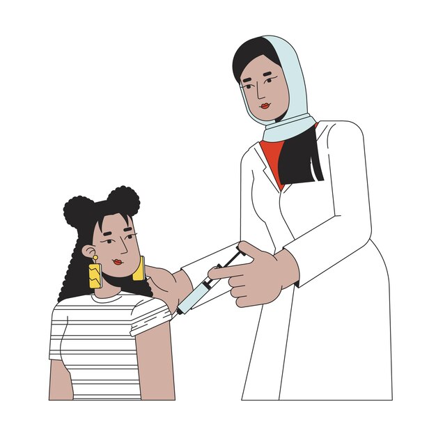 latina student vaccination female doctor 2d linear cartoon characters muslim hijab medic procedure injecting isolated line vector people white background vaccine color flat spot illustration