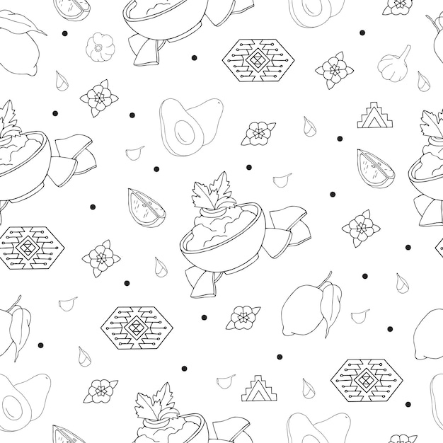 Latinamerican food linear black and white hand drawn seamless pattern