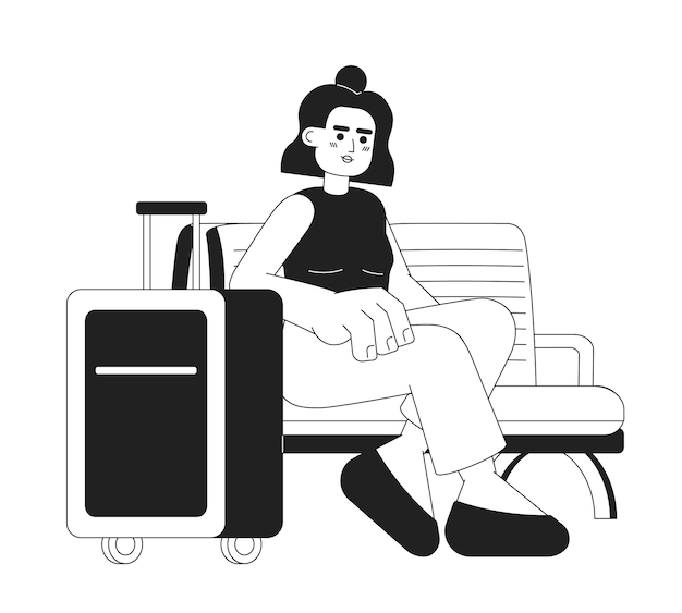 Vector latinamerican girl with luggage sitting monochromatic flat vector character editable full body person going on vacation on white simple bw cartoon spot image for web graphic design