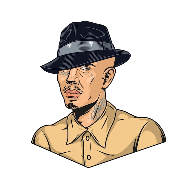 Latino man met tatoeages in fedora hoed in vintage stijl geïsoleerde vectorillustratie