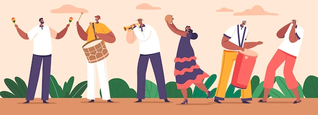 Latino muzikant personages creëren levendige ritmes en melodieën geworteld in de latijns-amerikaanse cultuur het mengen van salsa reggaeton en mariachi genres om het publiek te boeien cartoon people vector illustratie