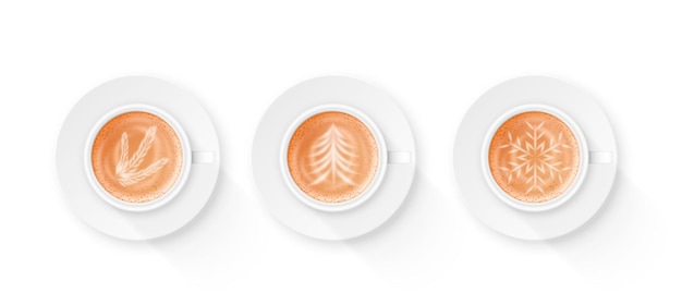 Vector latte art set realistic coffee cappuccino foam drawings in cup top view barista artwork in cafe