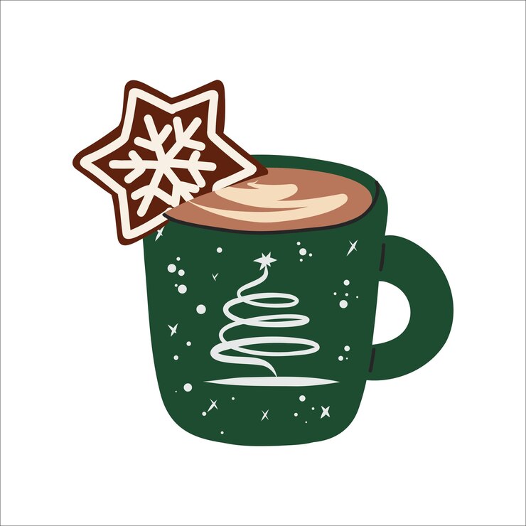 Vector latte cappuccino in a cute green cup with a christmas tree and christmas gingerbread