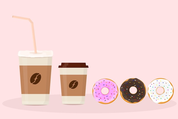 A latte coffee in a paper cup and donuts with different fillings