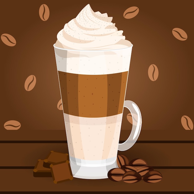 Vector latte macchiato presented with coffee beans and chocolate on coffee background