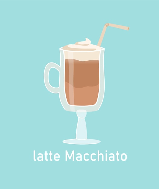 벡터 latte machiato 스티커 개념 차 또는 커피 전통 이탈리아 음료 및 요리 아로마 및 음료 웹사이트용 그래픽 요소 파란색 배경에 격리된 만화 플랫 벡터 그림