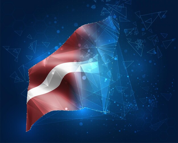 Vector latvia, flag, virtual abstract 3d object from triangular polygons on a blue background