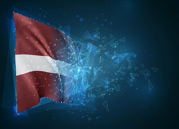 Латвия, флаг, виртуальный абстрактный 3d-объект из треугольных многоугольников на синем фоне
