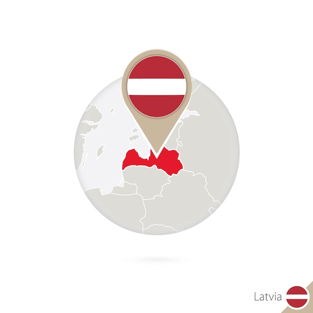 Latvia map and flag in circle. Map of Latvia, Latvia flag pin. Map of Latvia in the style of the globe. Vector Illustration.