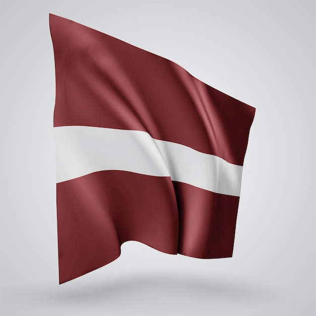 Латвия, векторный флаг с волнами и изгибами, развевающимися на ветру на белом фоне.