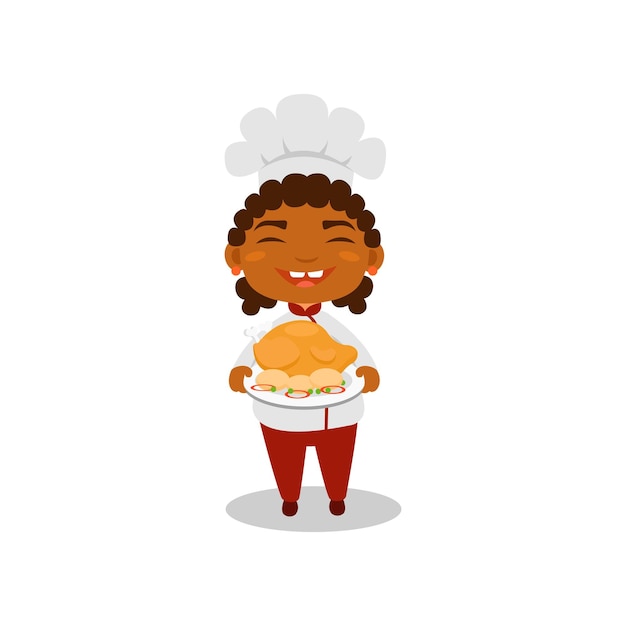 Vector laughing afroamerican kid holding plate with cooked chicken cute little girl wearing chef uniform and hat cartoon child character colorful flat vector illustration isolated on white background