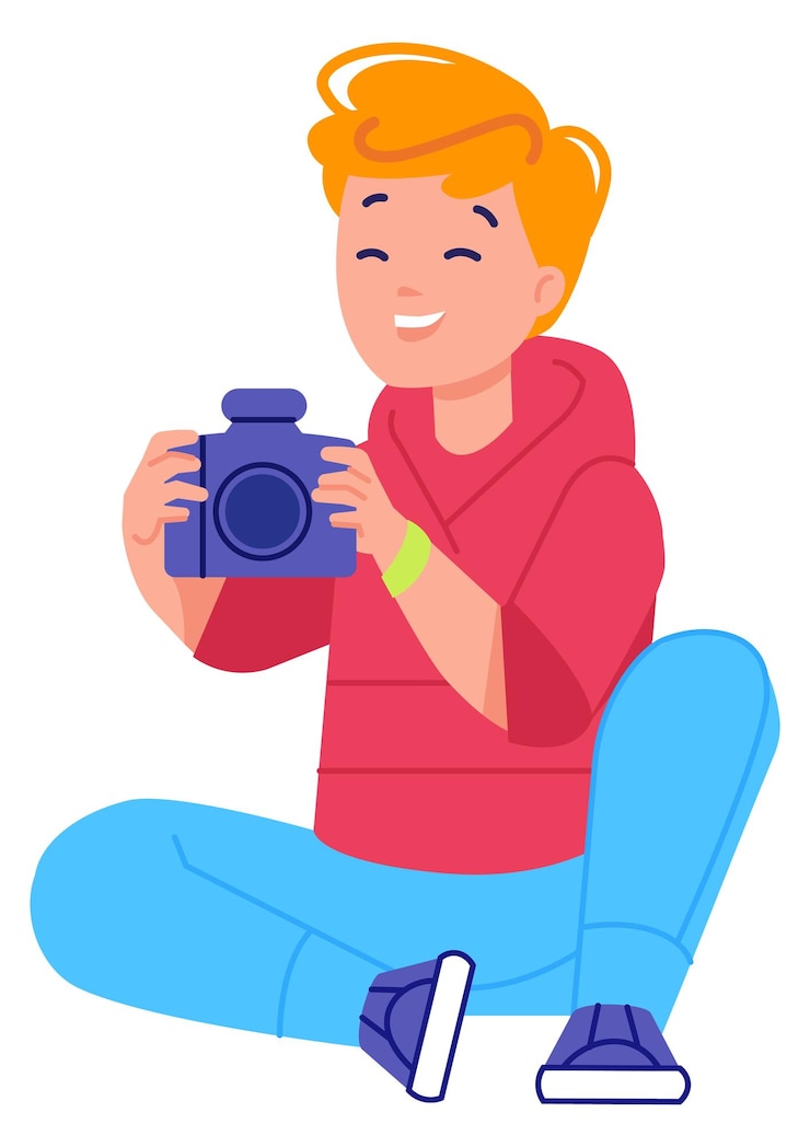 Vector laughing boy with photo camera shooting pictures isolated on white background