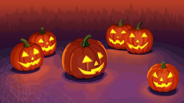 Laughing carved Halloween pumpkins Scary wallpaper with cartoon glowing Jack o lantern in the forest